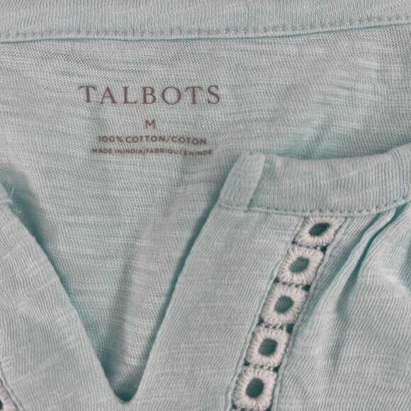 Talbots Light Blue Cotton Crochet Neck Top Medium Short Sleeve T shirt top - Picture 3 of 4